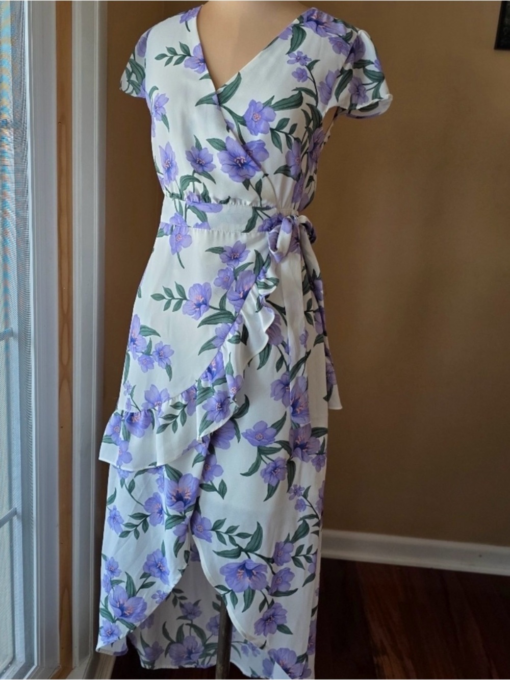 Blu Pepper White Midi Wrap Dress with Lavender Floral Print